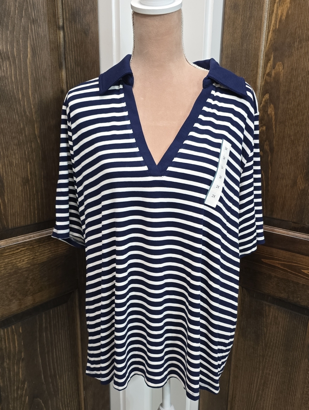 Navy and White Striped V‑Neck Polo Shirt
